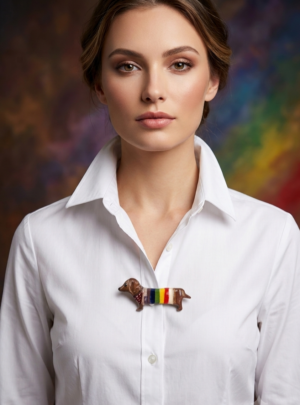 Broszka jamnik w kolorowym sweterku
